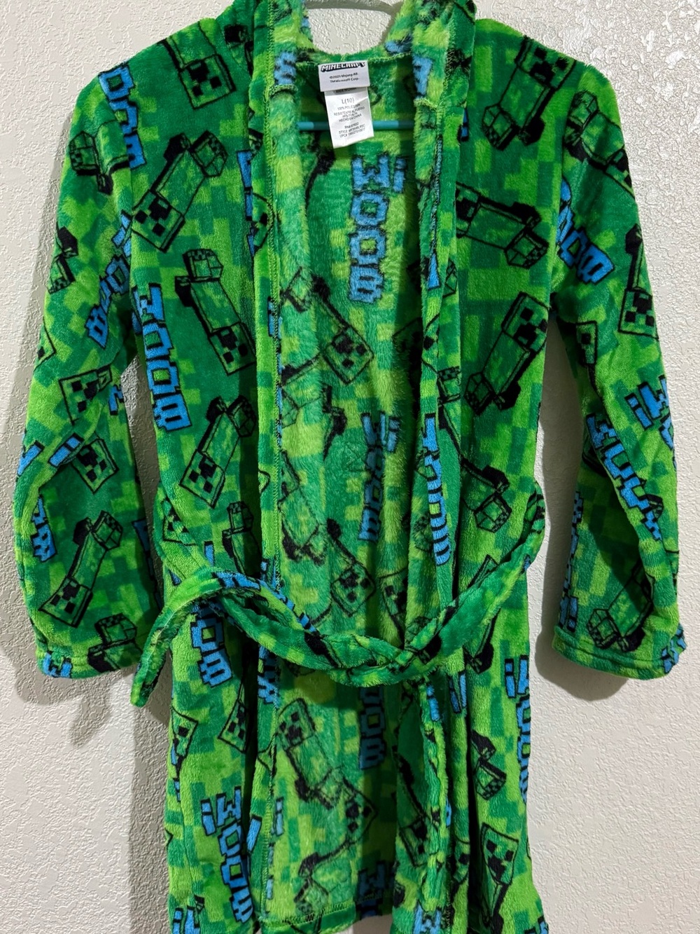 Minecraft Green Kids Plush Hooded Robe with Creeper Print